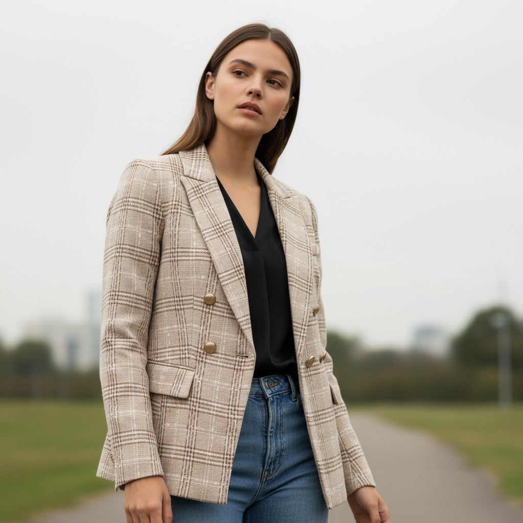 Women's Elegant Checkered Long Sleeve Blazer-Bon Voyage Vintage