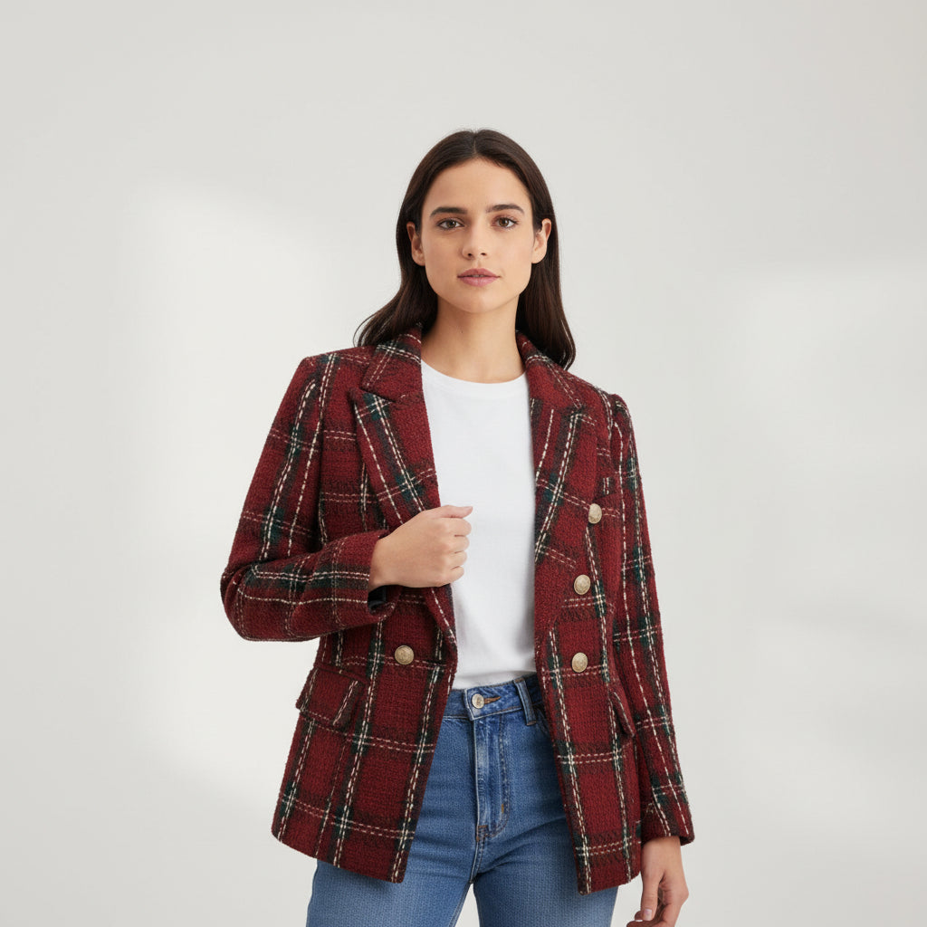 Women's Elegant Checkered Long Sleeve Blazer-Bon Voyage Vintage