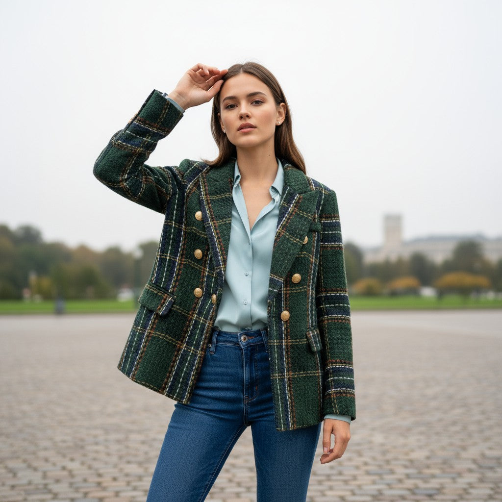 Women's Elegant Checkered Long Sleeve Blazer-Bon Voyage Vintage