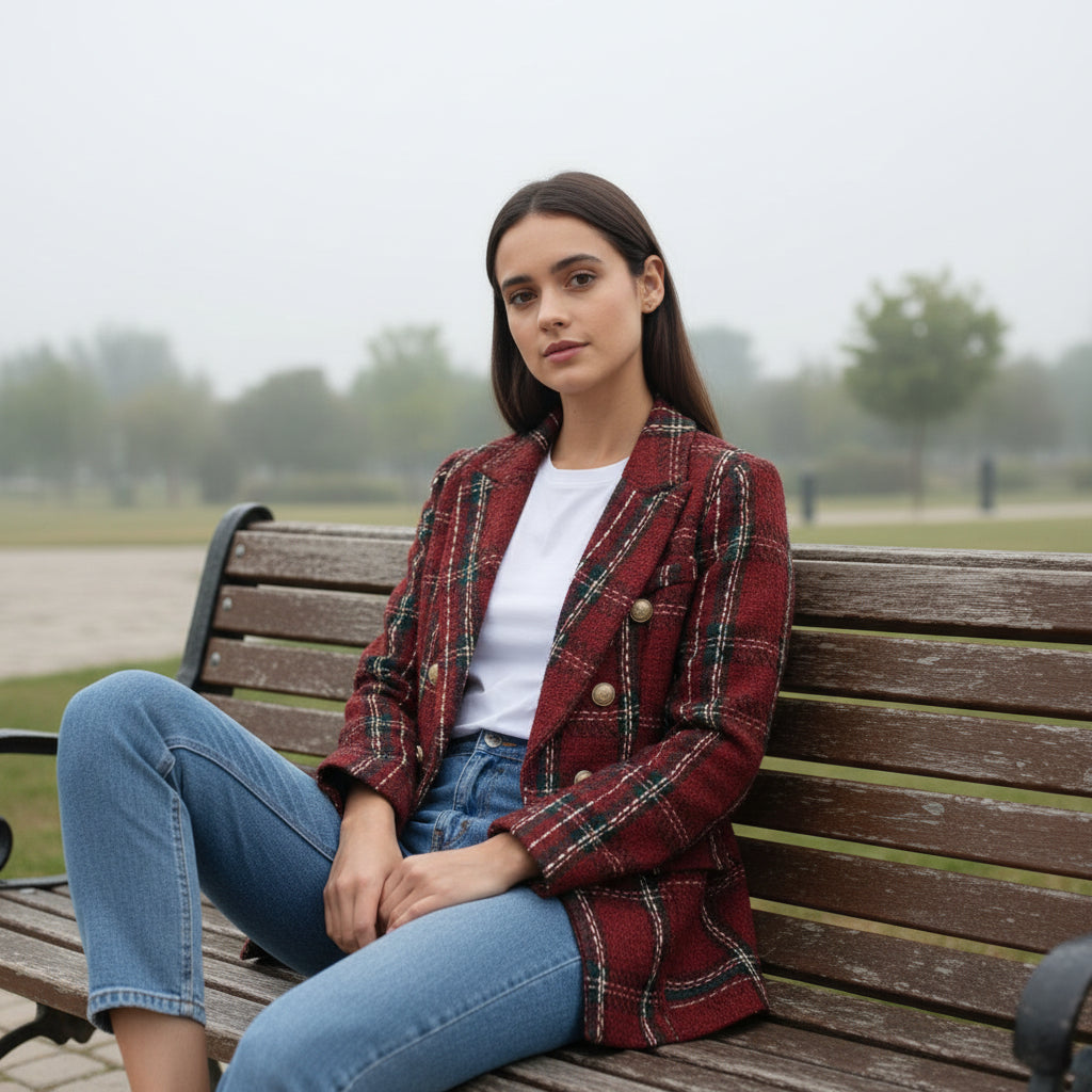 Women's Elegant Checkered Long Sleeve Blazer-Bon Voyage Vintage