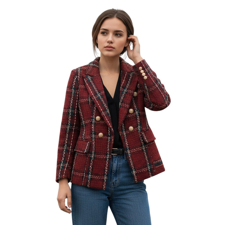 Women's Elegant Checkered Long Sleeve Blazer-Bon Voyage Vintage