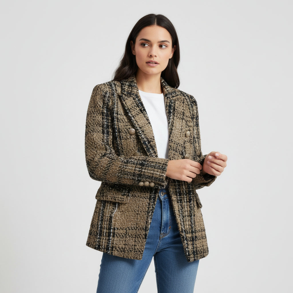 Women's Elegant Checkered Long Sleeve Blazer-Bon Voyage Vintage