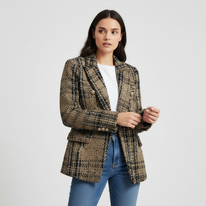 Women's Elegant Checkered Long Sleeve Blazer-Bon Voyage Vintage