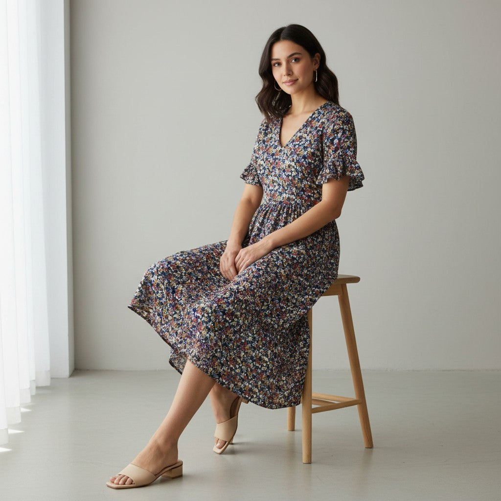Women’s Floral Midi Dress Lightweight Autumn Casual Dress-Bon Voyage Vintage