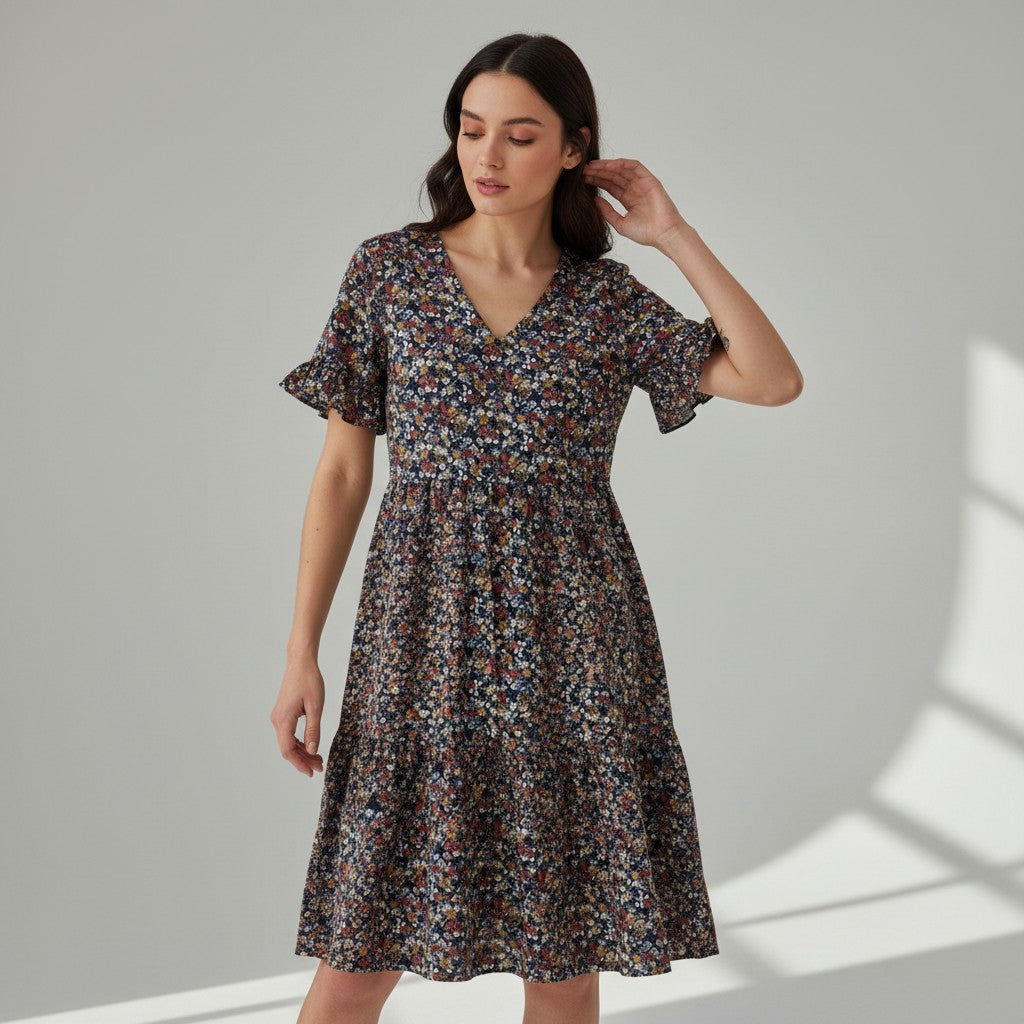 Women’s Floral Midi Dress Lightweight Autumn Casual Dress-Bon Voyage Vintage