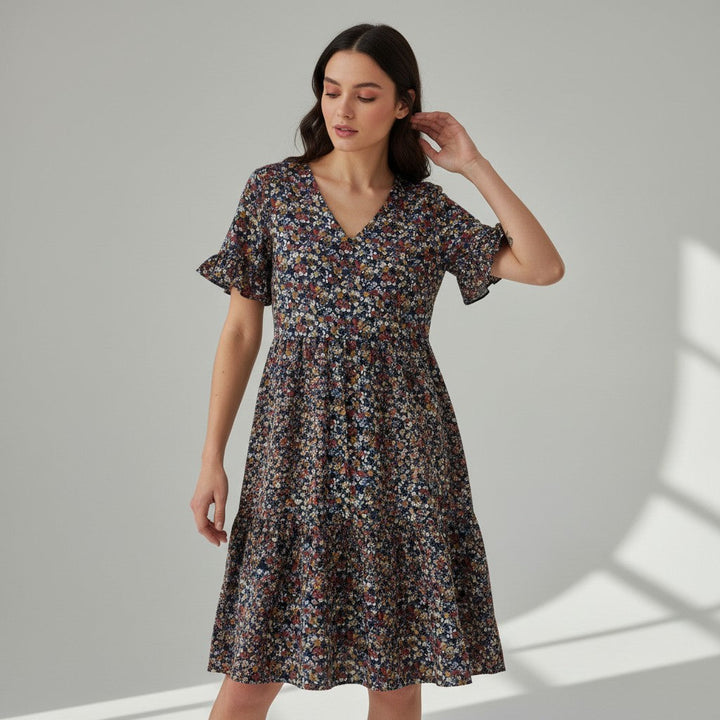 Women’s Floral Midi Dress Lightweight Autumn Casual Dress-Bon Voyage Vintage