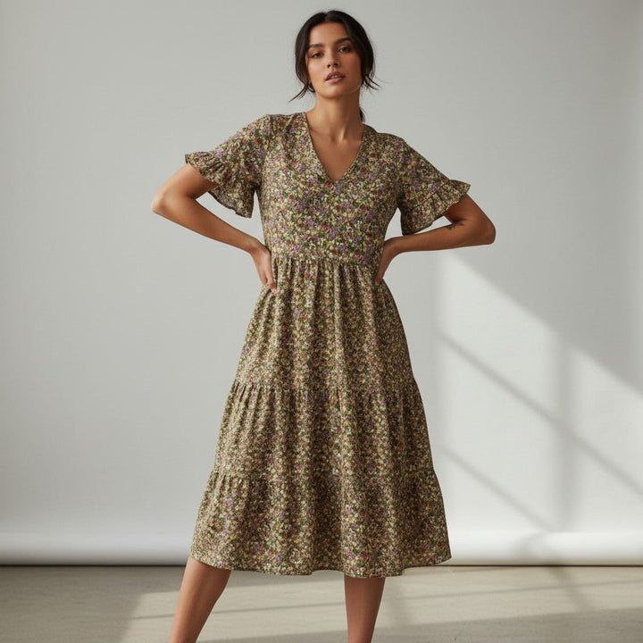 Women’s Floral Midi Dress Lightweight Autumn Casual Dress-Bon Voyage Vintage