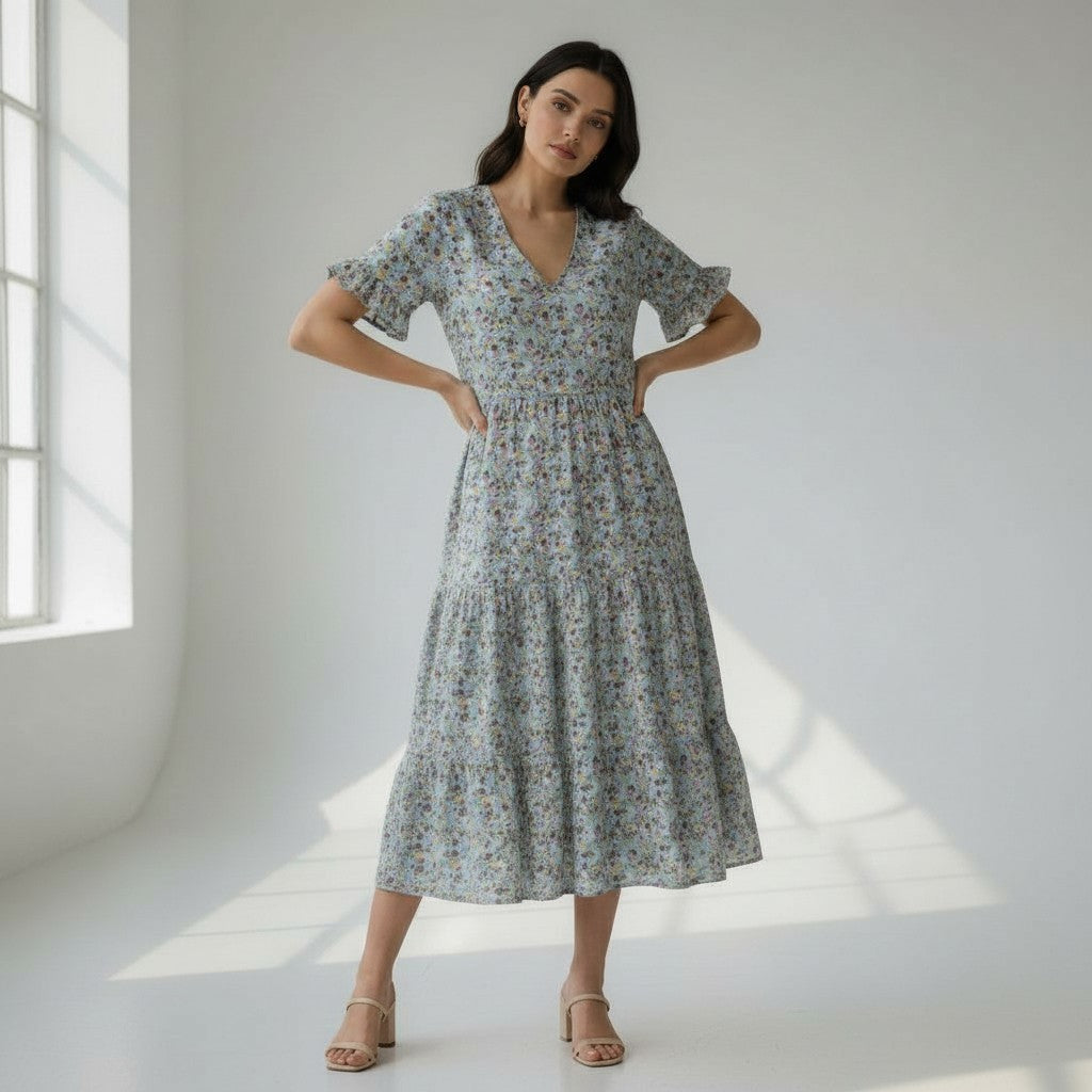 Women’s Floral Midi Dress Lightweight Autumn Casual Dress-Bon Voyage Vintage