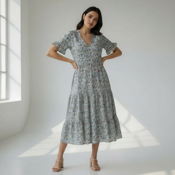 Women’s Floral Midi Dress Lightweight Autumn Casual Dress-Bon Voyage Vintage