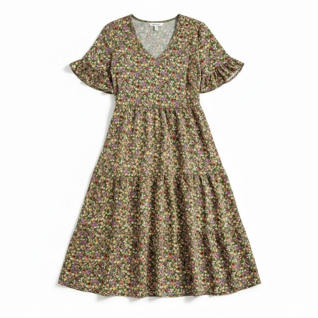 Women’s Floral Midi Dress Lightweight Autumn Casual Dress-Bon Voyage Vintage