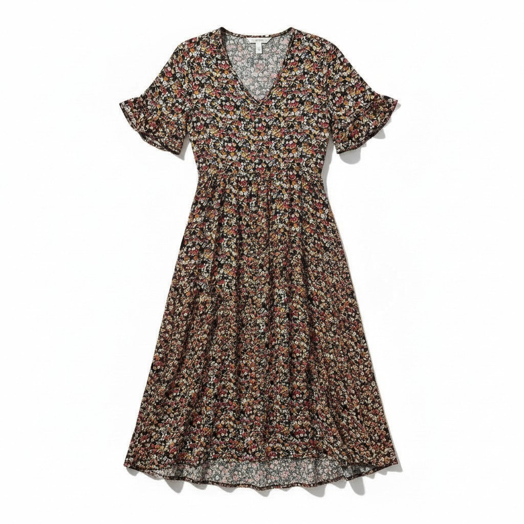 Women’s Floral Midi Dress Lightweight Autumn Casual Dress-Bon Voyage Vintage