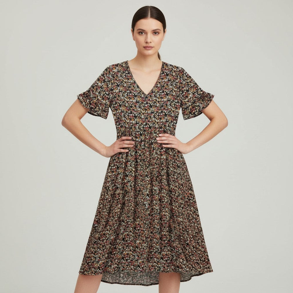Women’s Floral Midi Dress Lightweight Autumn Casual Dress-Bon Voyage Vintage