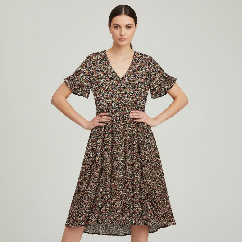 Women’s Floral Midi Dress Lightweight Autumn Casual Dress-Bon Voyage Vintage