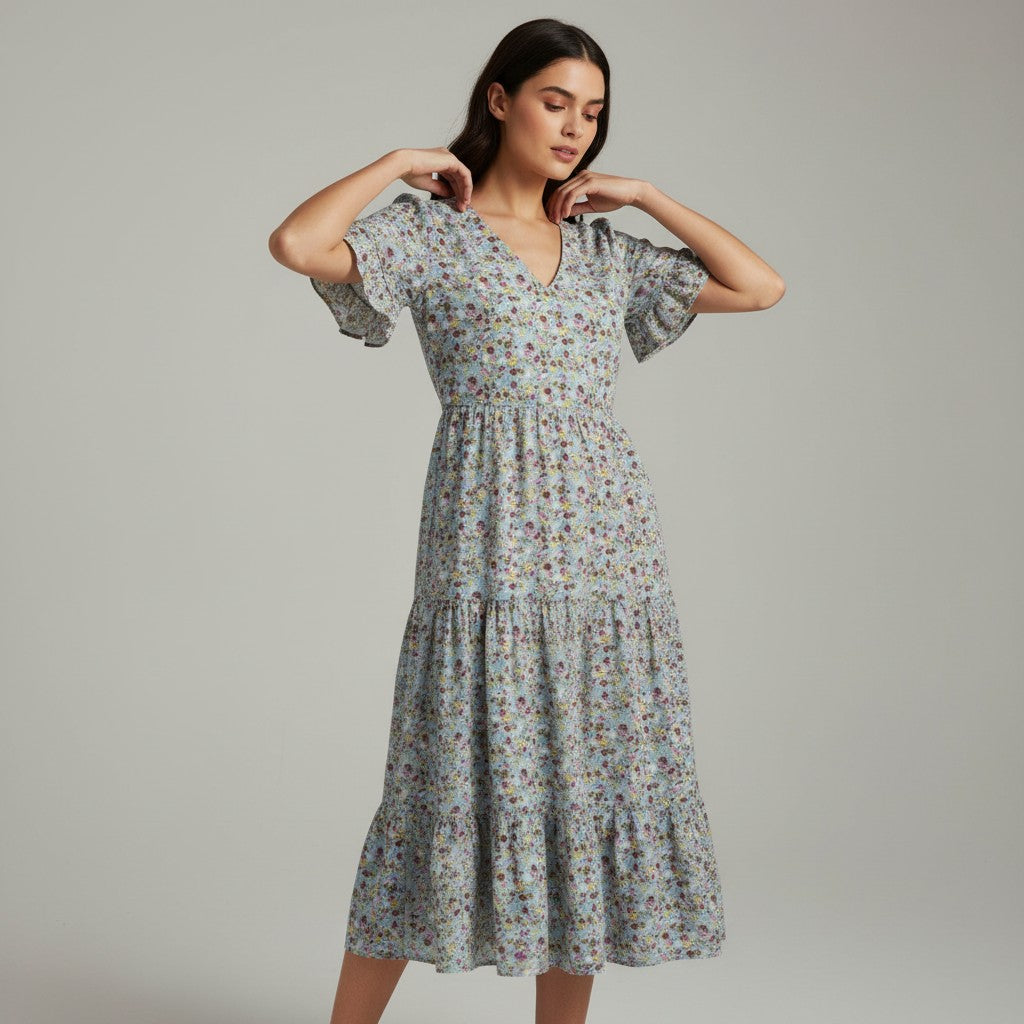 Women’s Floral Midi Dress Lightweight Autumn Casual Dress-Bon Voyage Vintage