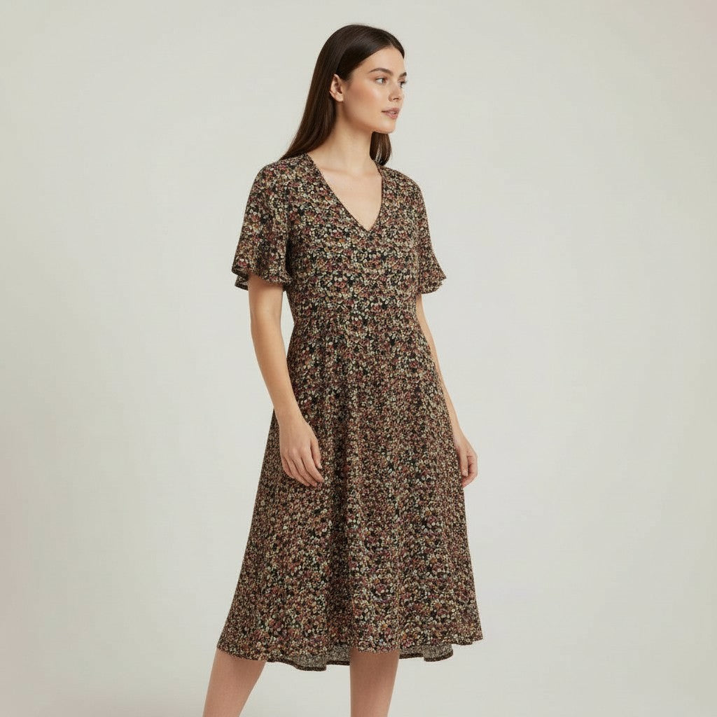 Women’s Floral Midi Dress Lightweight Autumn Casual Dress-Bon Voyage Vintage