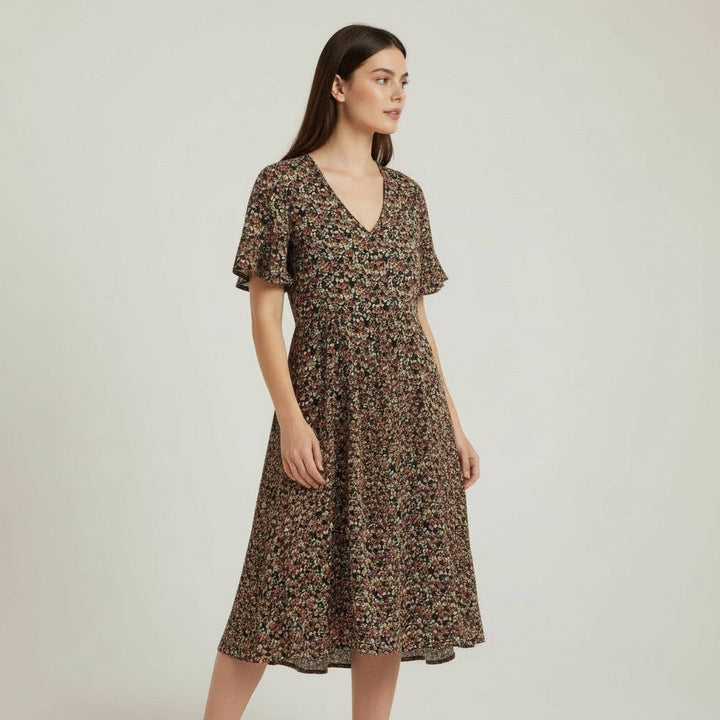 Women’s Floral Midi Dress Lightweight Autumn Casual Dress-Bon Voyage Vintage