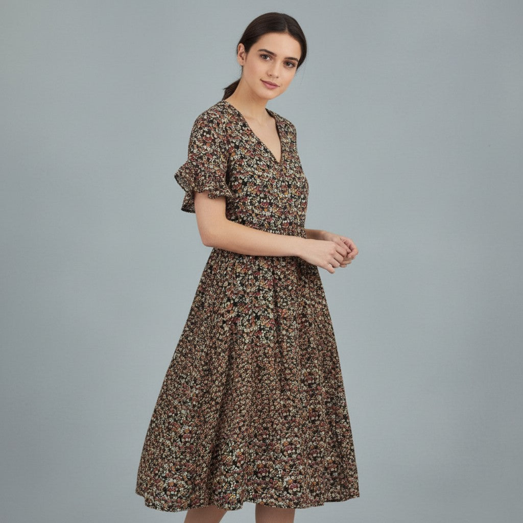 Women’s Floral Midi Dress Lightweight Autumn Casual Dress-Bon Voyage Vintage