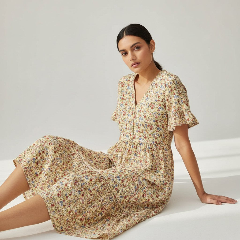 Women’s Floral Midi Dress Lightweight Autumn Casual Dress-Bon Voyage Vintage