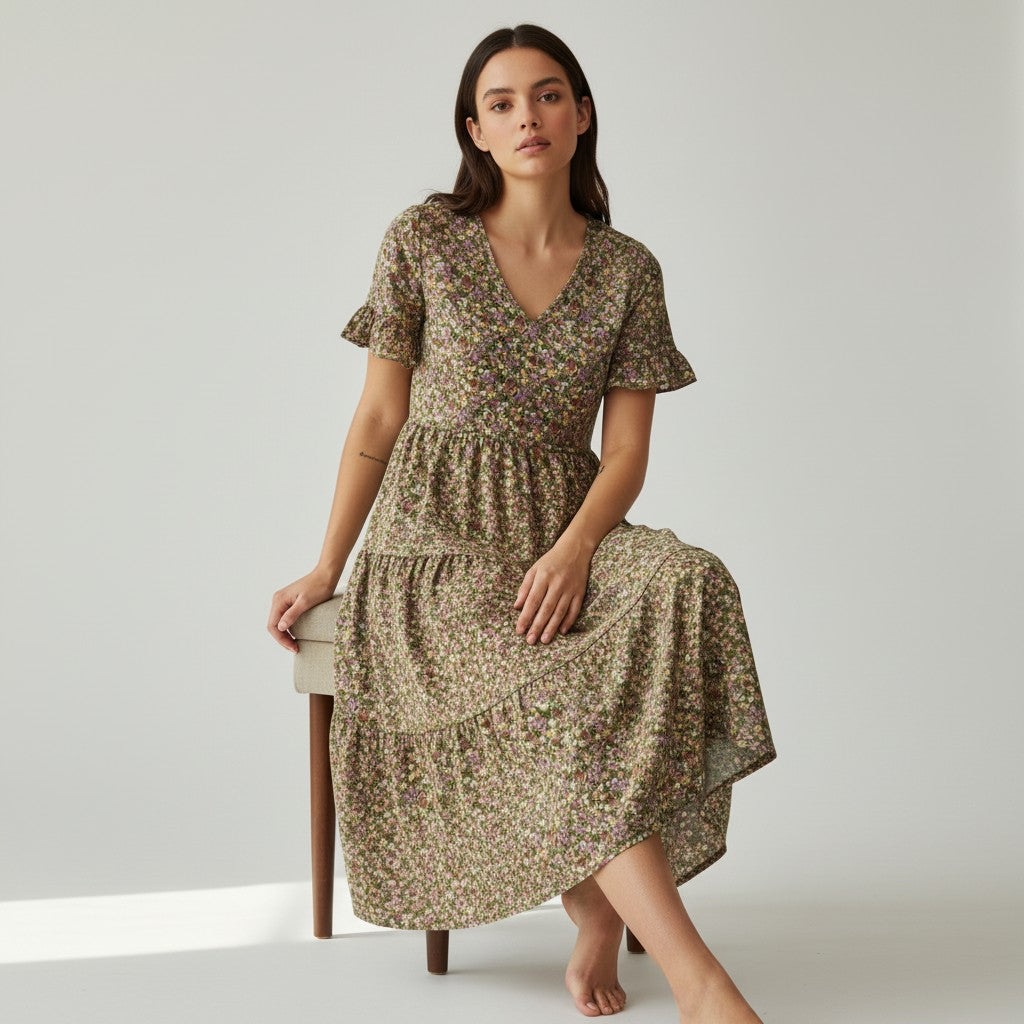 Women’s Floral Midi Dress Lightweight Autumn Casual Dress-Bon Voyage Vintage