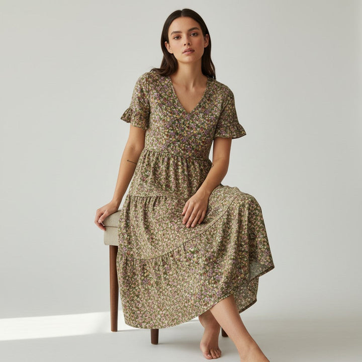 Women’s Floral Midi Dress Lightweight Autumn Casual Dress-Bon Voyage Vintage