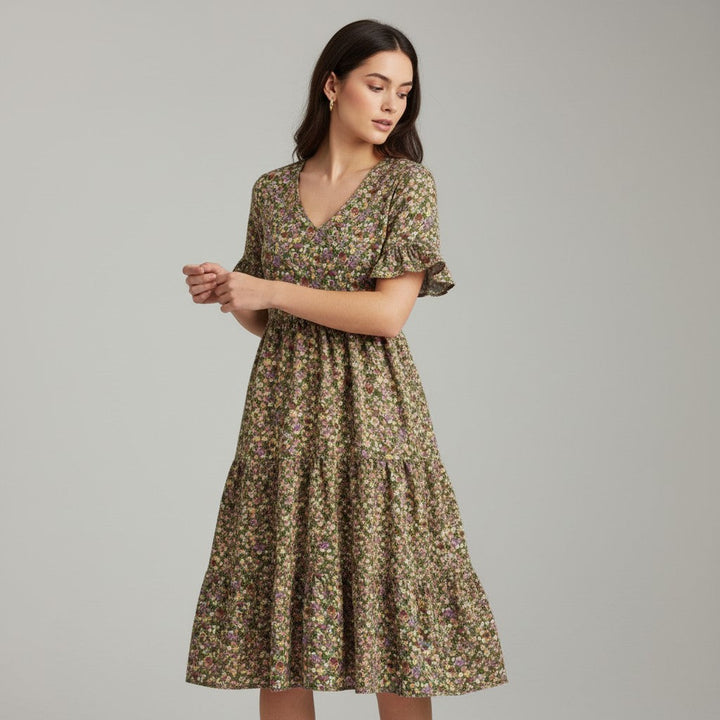 Women’s Floral Midi Dress Lightweight Autumn Casual Dress-Bon Voyage Vintage
