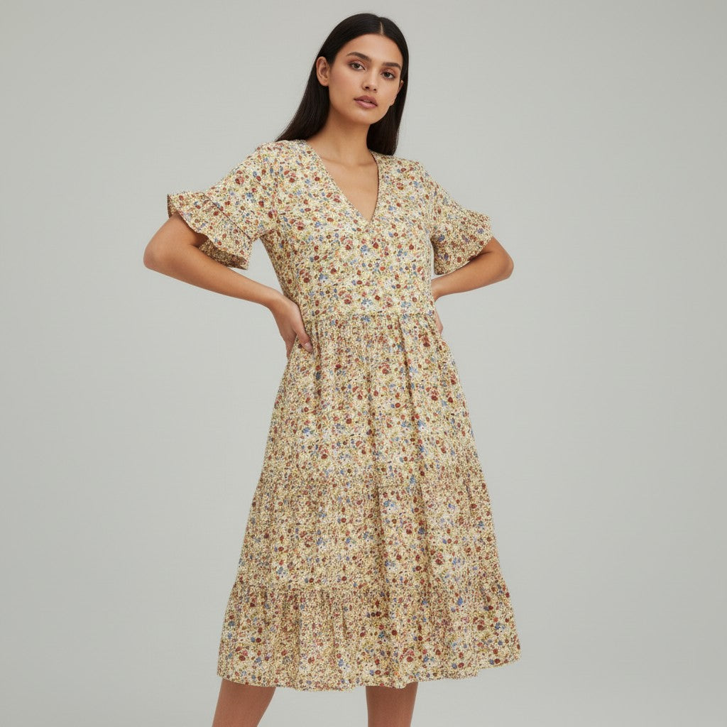 Women’s Floral Midi Dress Lightweight Autumn Casual Dress-Bon Voyage Vintage