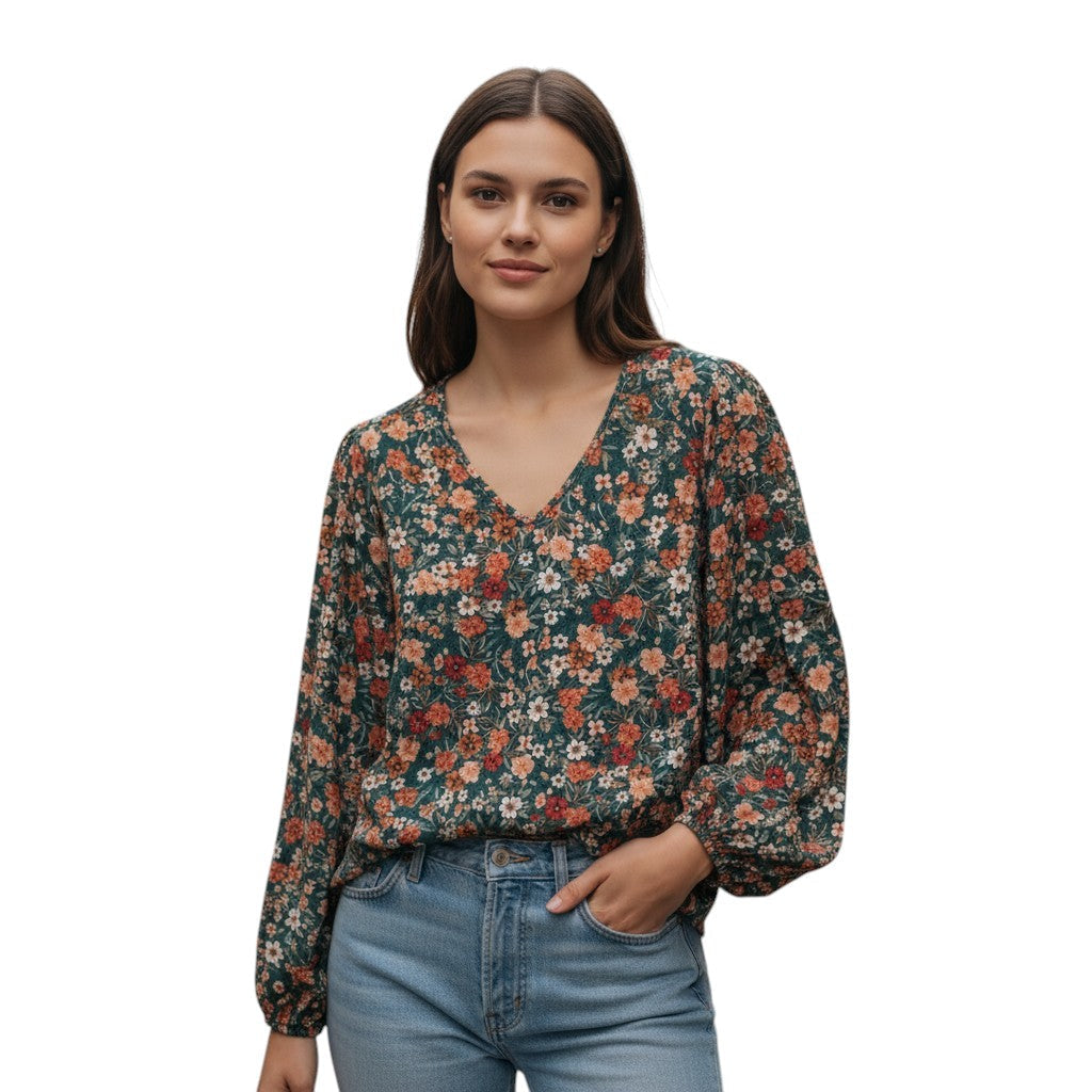 Women's Floral Print Long Sleeve Pullover-Bon Voyage Vintage