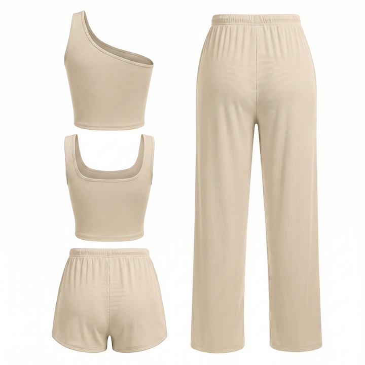 Women’s Four Piece Lounge Set Crop Tops and Wide Leg Pants with Shorts-Bon Voyage Vintage