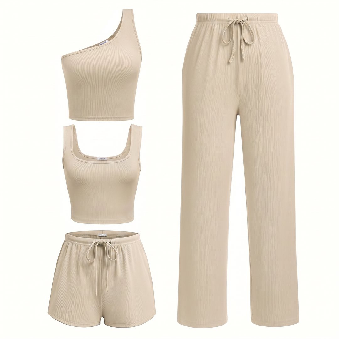 Women’s Four Piece Lounge Set Crop Tops and Wide Leg Pants with Shorts-Bon Voyage Vintage