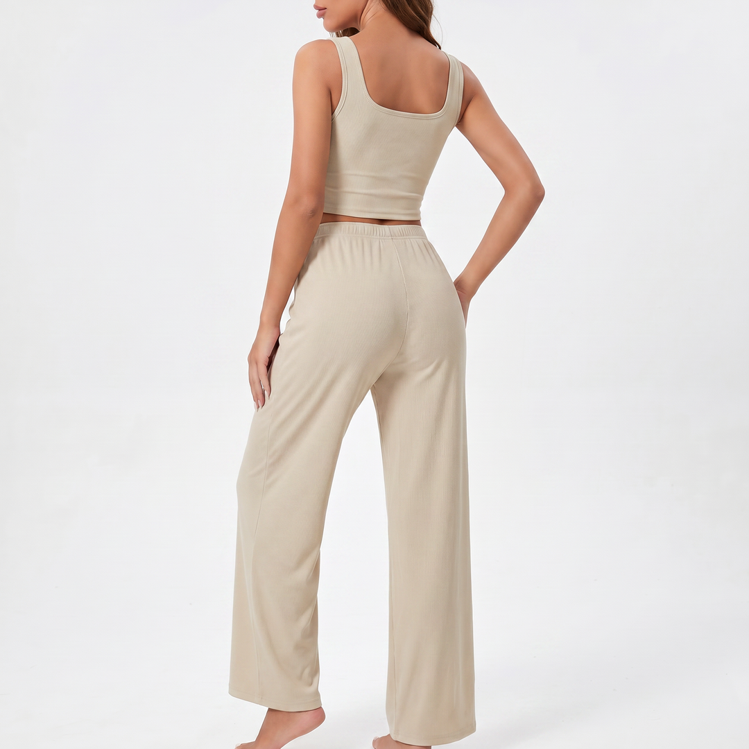 Women’s Four Piece Lounge Set Crop Tops and Wide Leg Pants with Shorts-Bon Voyage Vintage