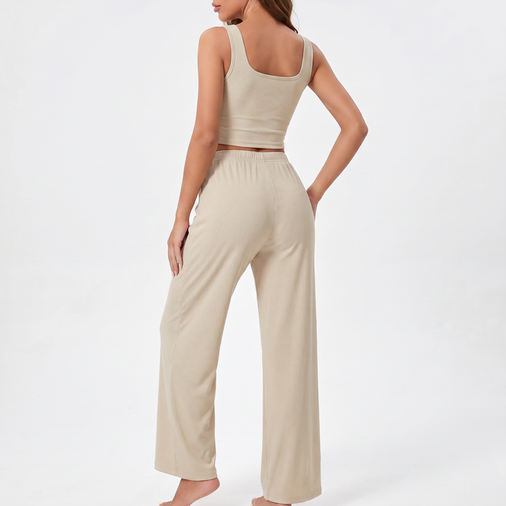 Women’s Four Piece Lounge Set Crop Tops and Wide Leg Pants with Shorts-Bon Voyage Vintage