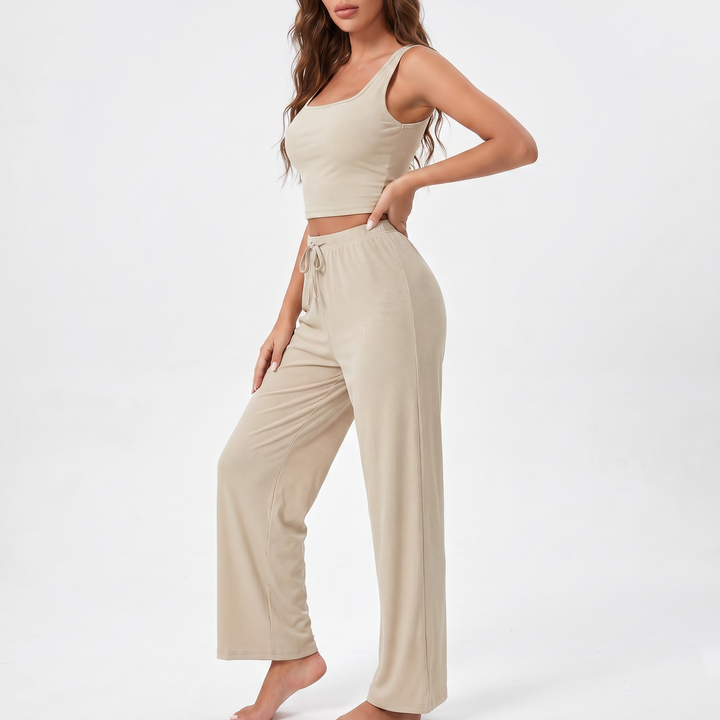 Women’s Four Piece Lounge Set Crop Tops and Wide Leg Pants with Shorts-Bon Voyage Vintage