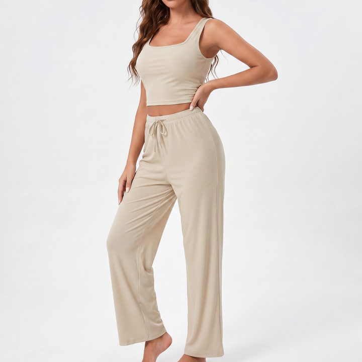 Women’s Four Piece Lounge Set Crop Tops and Wide Leg Pants with Shorts-Bon Voyage Vintage