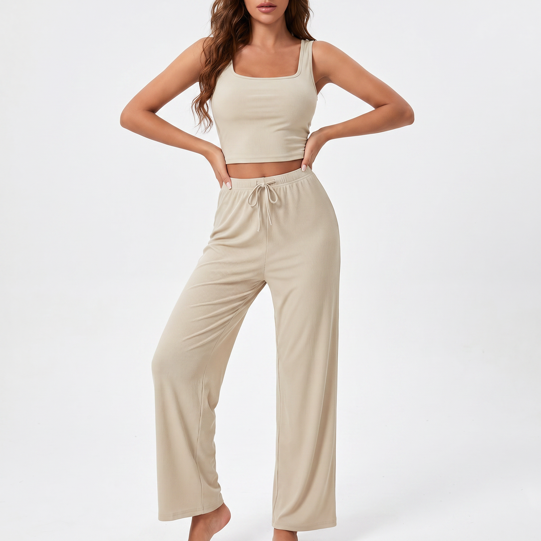 Women’s Four Piece Lounge Set Crop Tops and Wide Leg Pants with Shorts-Bon Voyage Vintage
