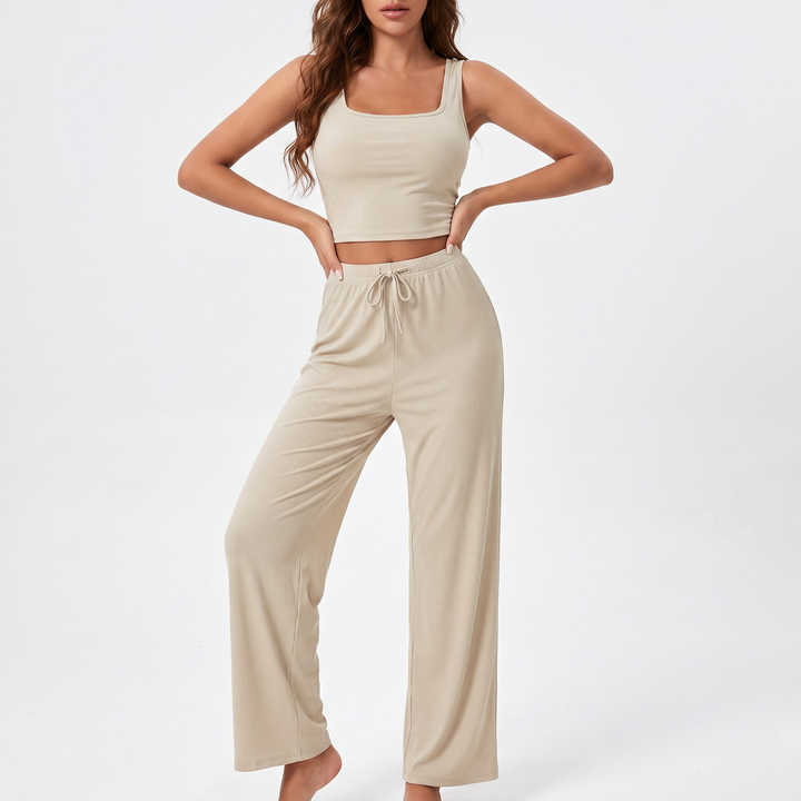 Women’s Four Piece Lounge Set Crop Tops and Wide Leg Pants with Shorts-Bon Voyage Vintage