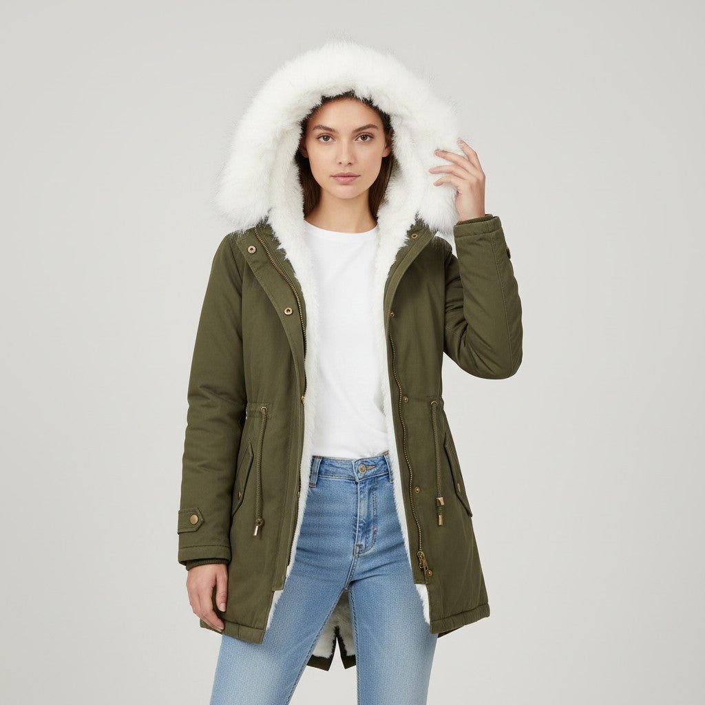 Women’s Long Winter Coat with Hood Fleece-Bon Voyage Vintage
