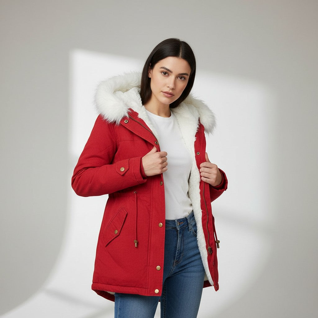 Women’s Long Winter Coat with Hood Fleece-Bon Voyage Vintage