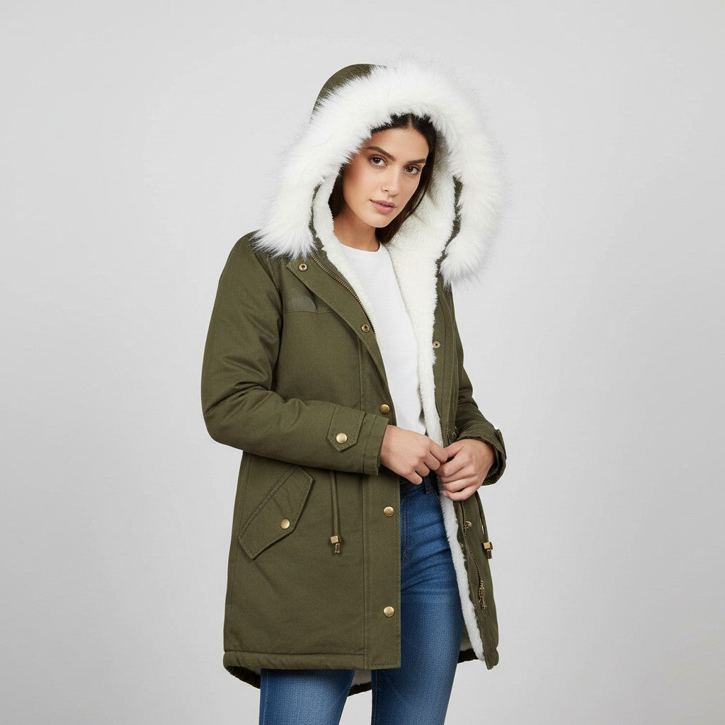 Women’s Long Winter Coat with Hood Fleece-Bon Voyage Vintage