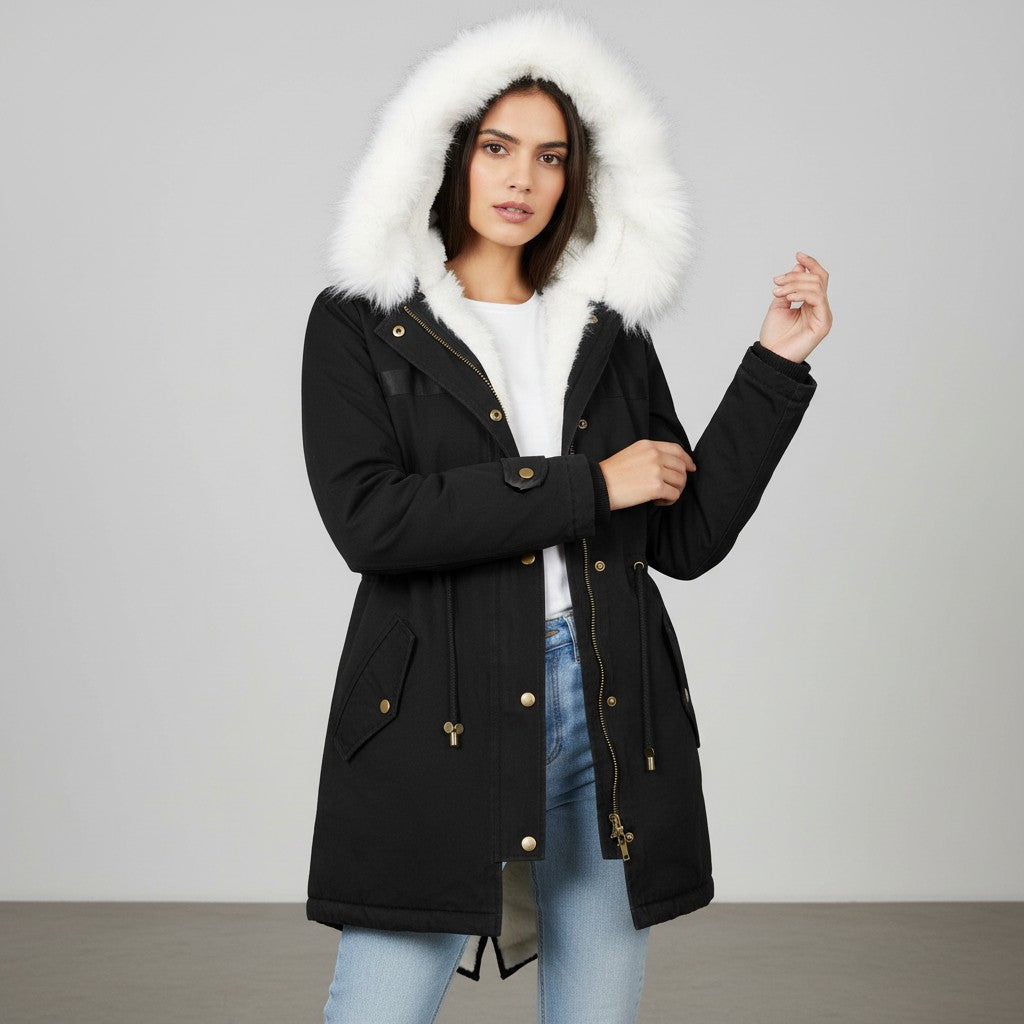 Women’s Long Winter Coat with Hood Fleece-Bon Voyage Vintage