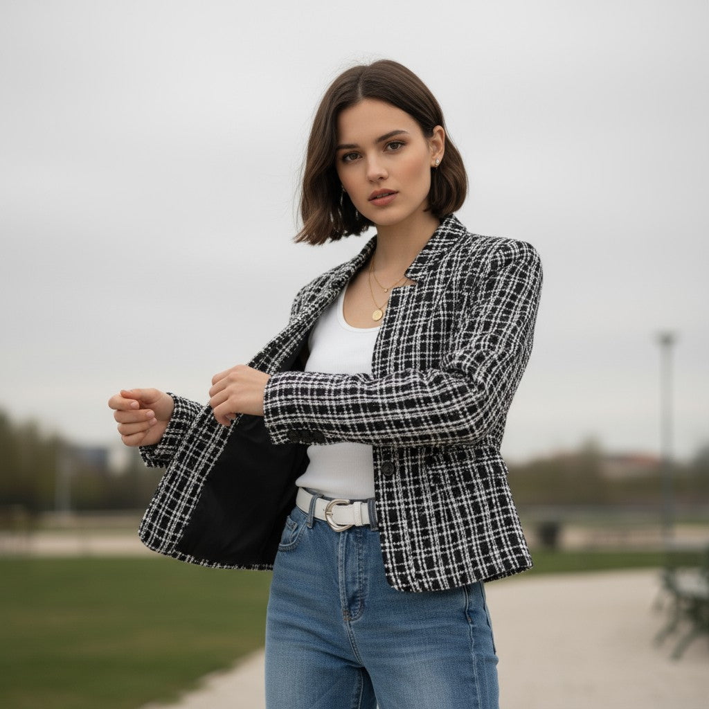 Women's Plaid Slim-Fit Jacquard Top-Bon Voyage Vintage