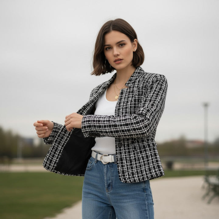 Women's Plaid Slim-Fit Jacquard Top-Bon Voyage Vintage