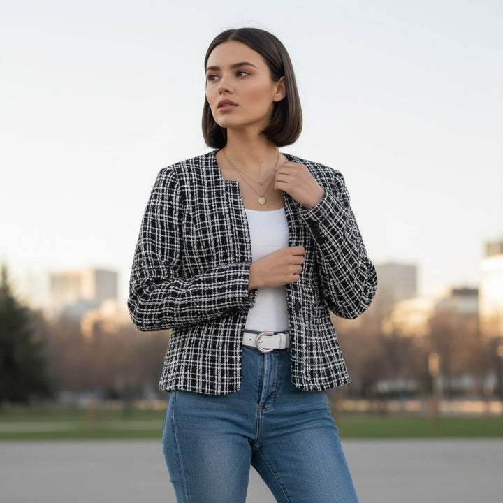 Women's Plaid Slim-Fit Jacquard Top-Bon Voyage Vintage