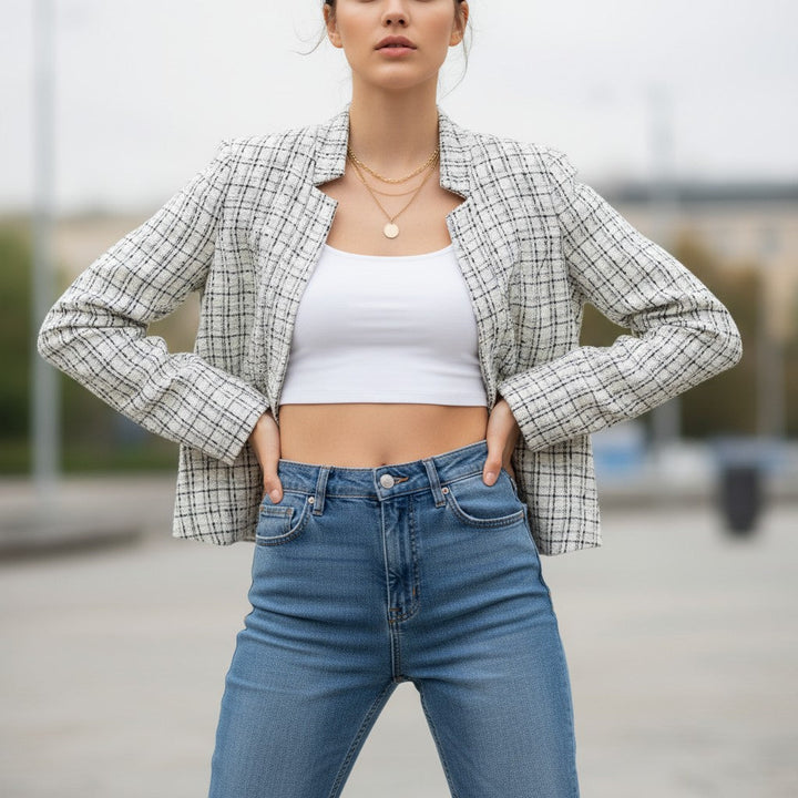 Women's Plaid Slim-Fit Jacquard Top-Bon Voyage Vintage