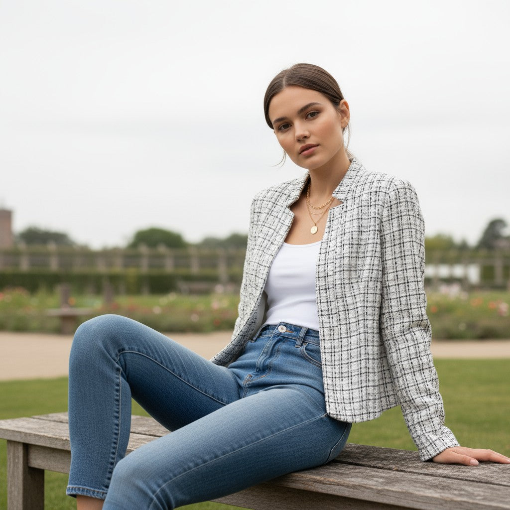 Women's Plaid Slim-Fit Jacquard Top-Bon Voyage Vintage