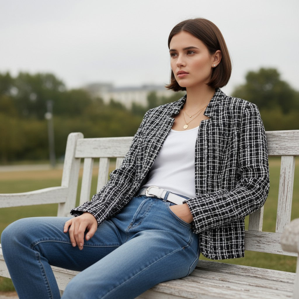 Women's Plaid Slim-Fit Jacquard Top-Bon Voyage Vintage