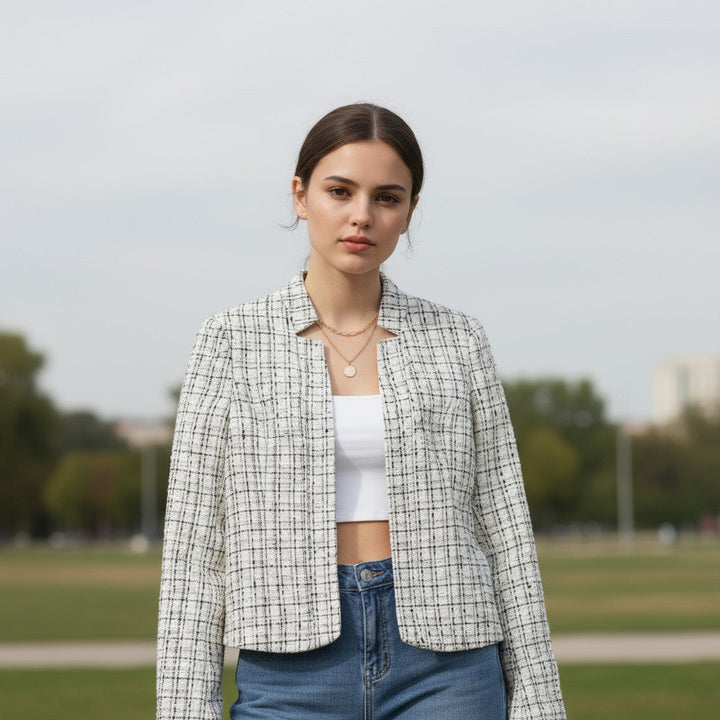 Women's Plaid Slim-Fit Jacquard Top-Bon Voyage Vintage