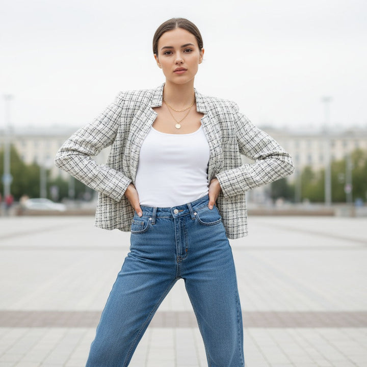 Women's Plaid Slim-Fit Jacquard Top-Bon Voyage Vintage