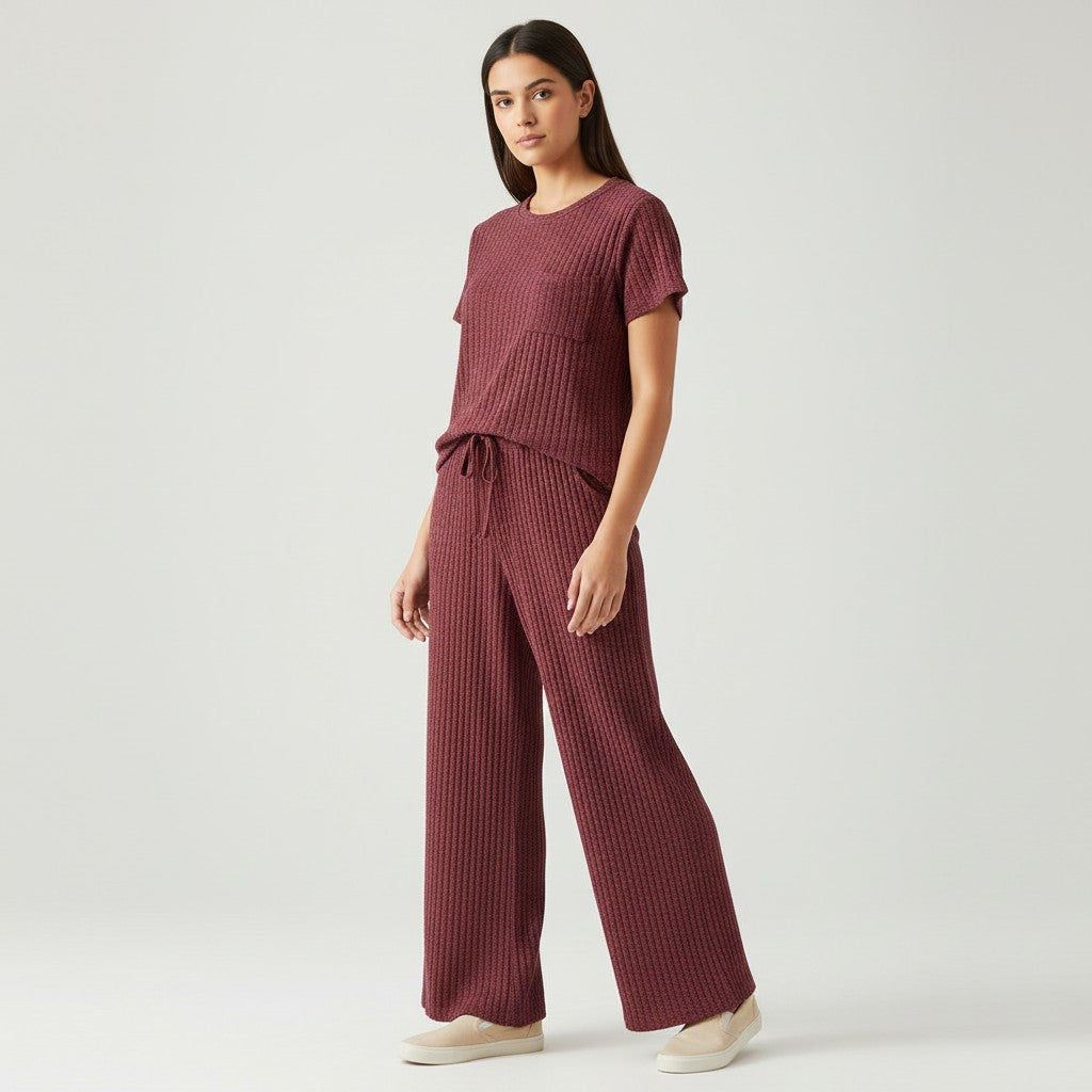 Women's Ribbed Short Sleeve Top and Pants Set-Bon Voyage Vintage