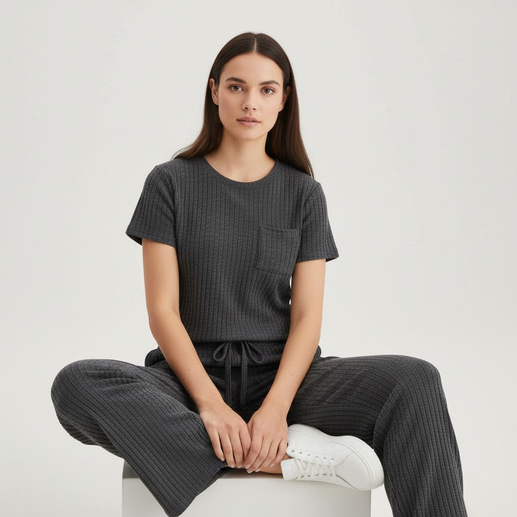 Women's Ribbed Short Sleeve Top and Pants Set-Bon Voyage Vintage