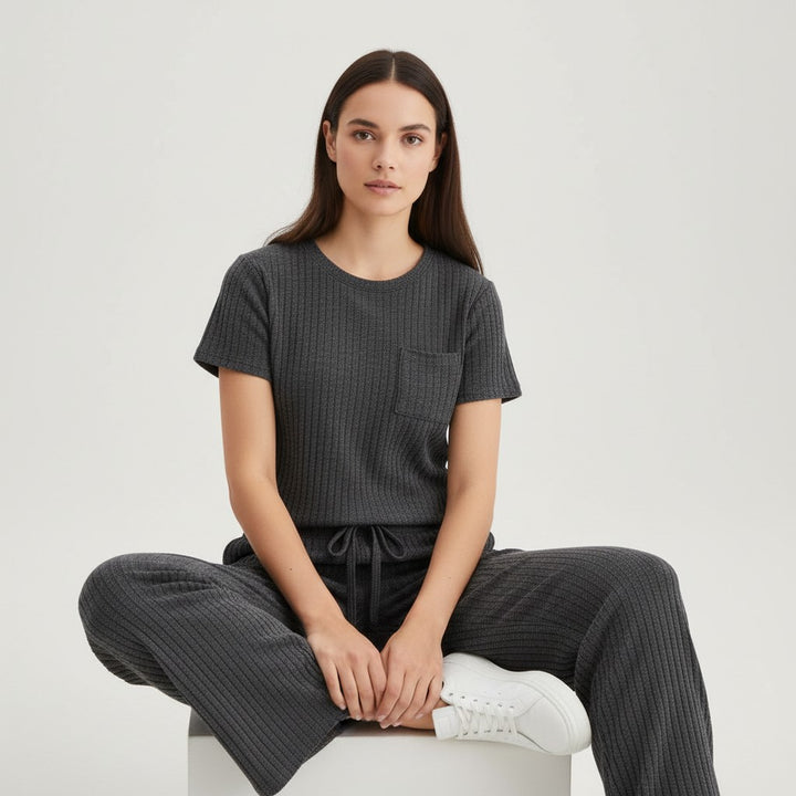 Women's Ribbed Short Sleeve Top and Pants Set-Bon Voyage Vintage